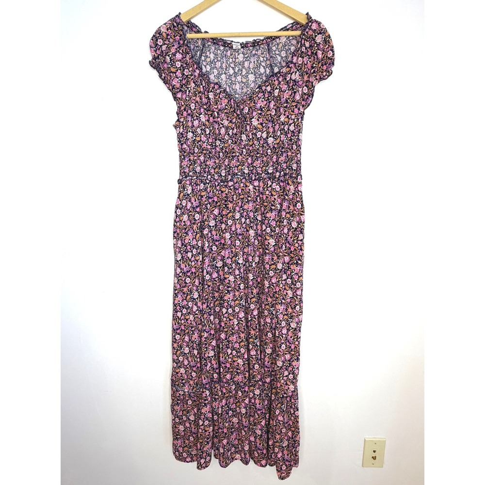 Old Navy Floral Midi Dress Womens Small Navy Pink Smocked Waist Boho Cottagecore
